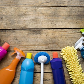 House cleaning product on wood table